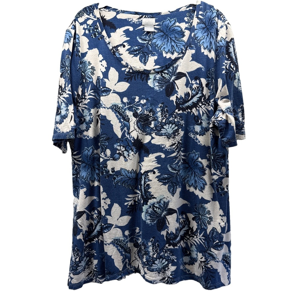 Chicos Women's Top Large Blue White Artsy Floral Short Sleeve Pullover Stretch